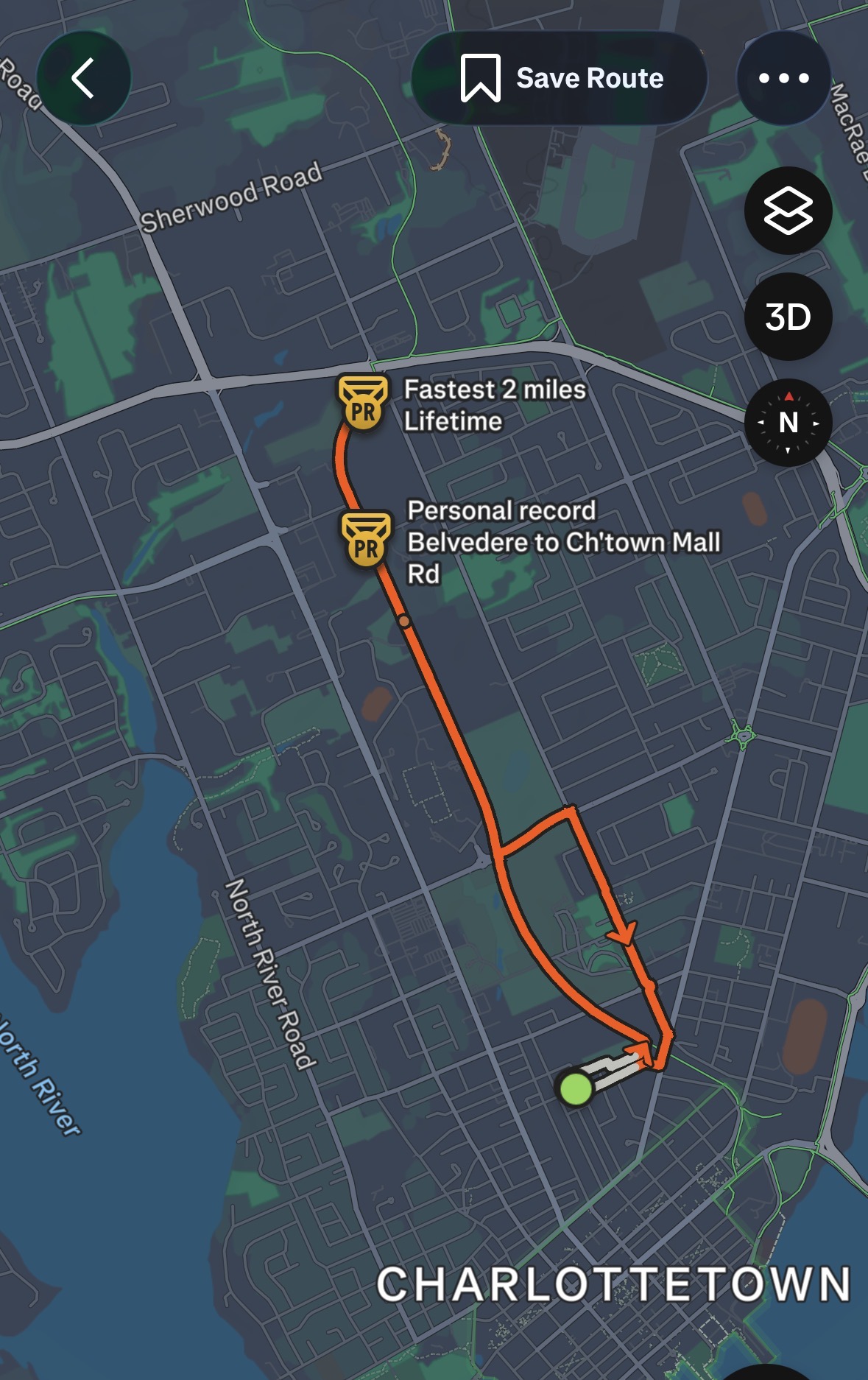 map of my run on the Confederation Trail to Charlottetown Mall Road