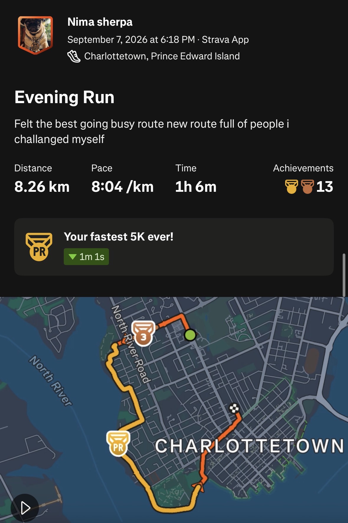 map of my best run with 8.26 km around North River Road and Victoria Park